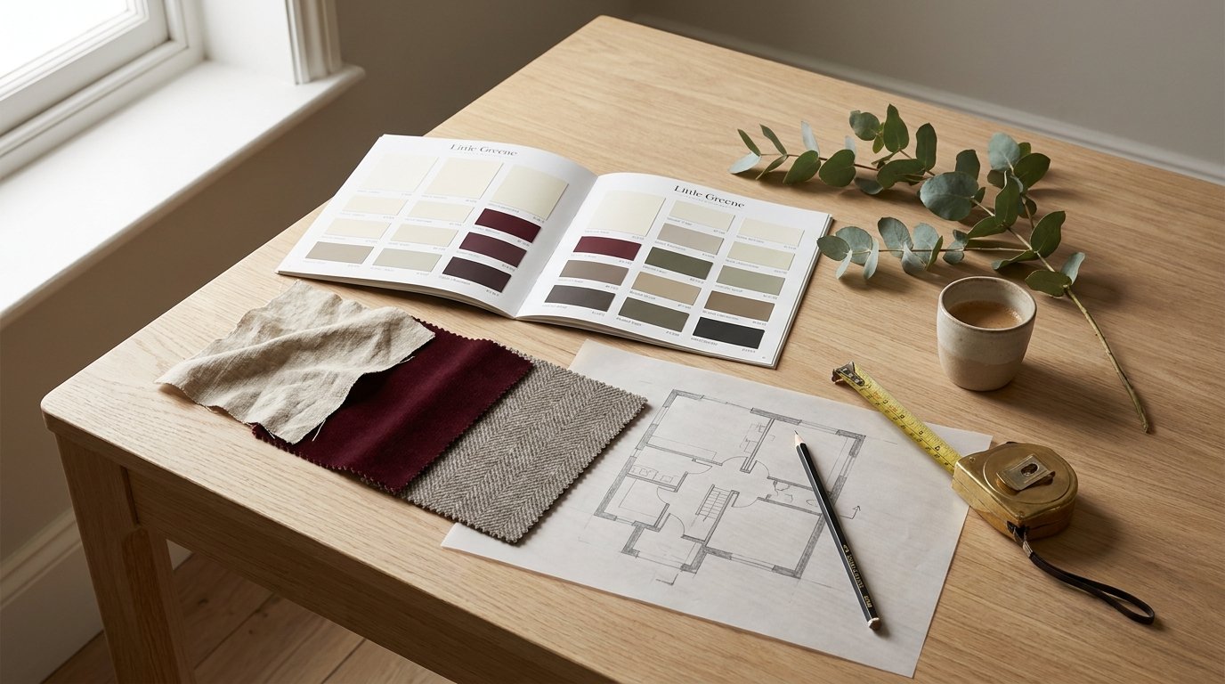 Table de travail avec échantillons de tissus, nuancier et plans