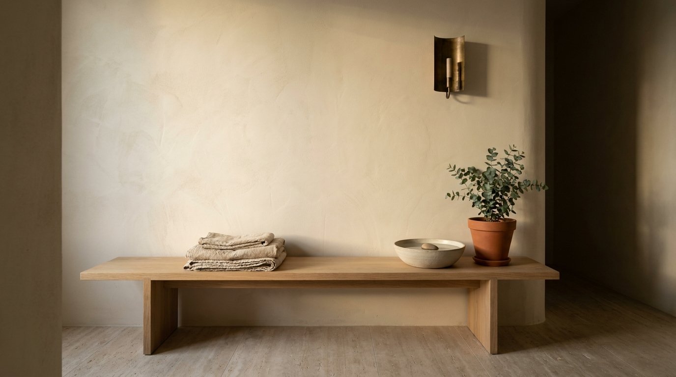 Espace spa apaisant, plâtre à la chaux et banc de chêne