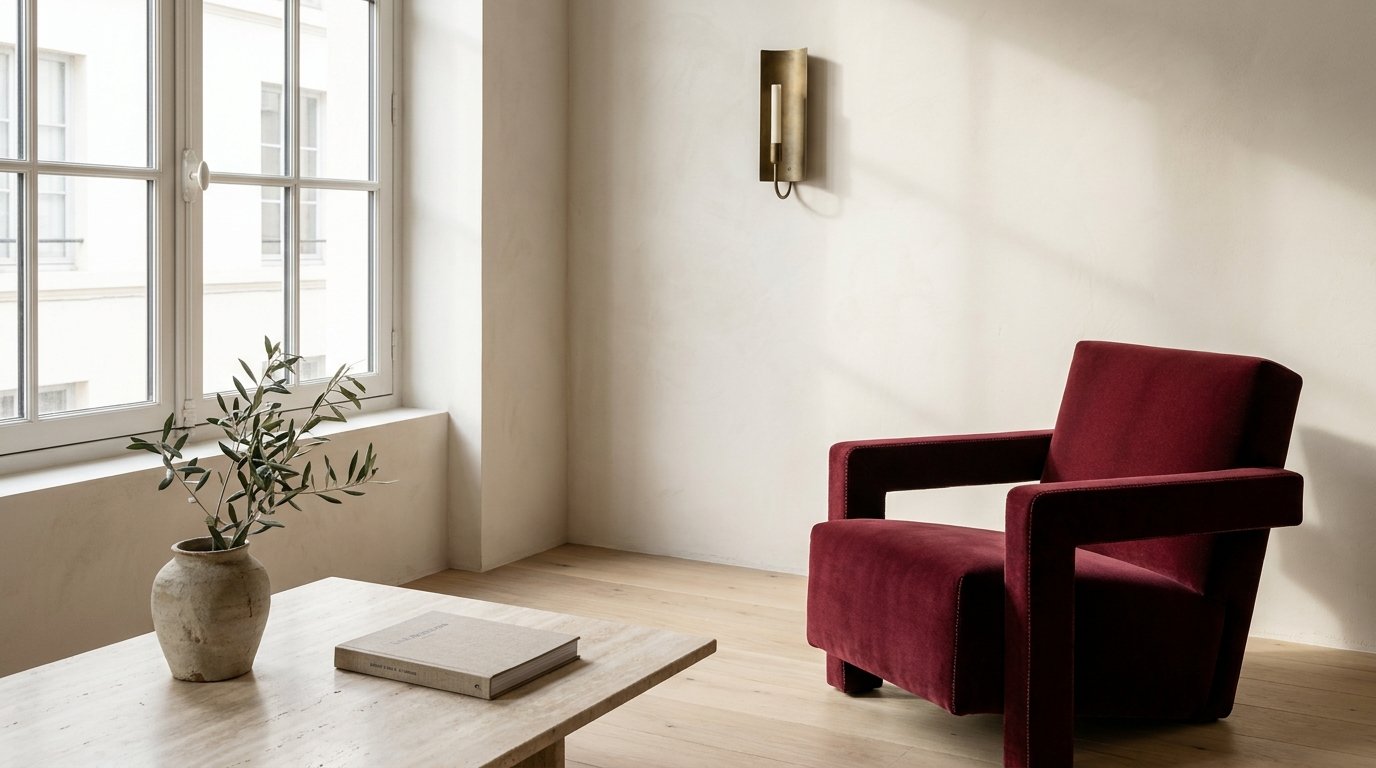 Coin de séjour en lumière naturelle rasante, fauteuil velours bordeaux