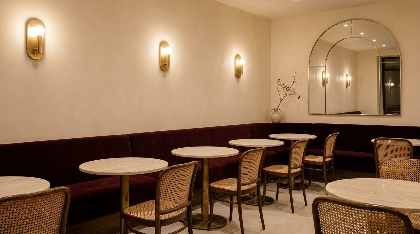 Salle de restaurant intimiste, banquettes velours, appliques laiton